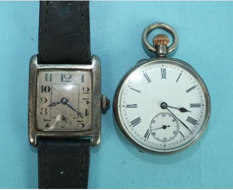 A gentleman's vintage silver-cased wrist watch c1930, the rectangular silvered face with Arabic numerals and seconds subsidia