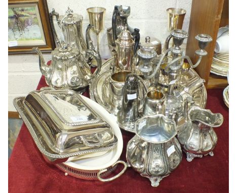 A collection of plated ware, including a four-piece EPBM tea service, entrée dish, loose and cased cutlery, etc.