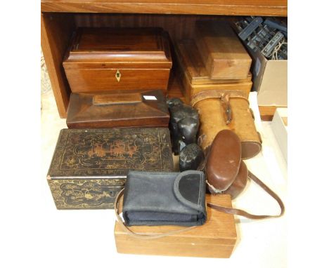 A lacquered rectangular tea caddy with zinc-lined divisions, 21cm wide, 14cm deep, 9cm high, other boxes, a pair of French mi