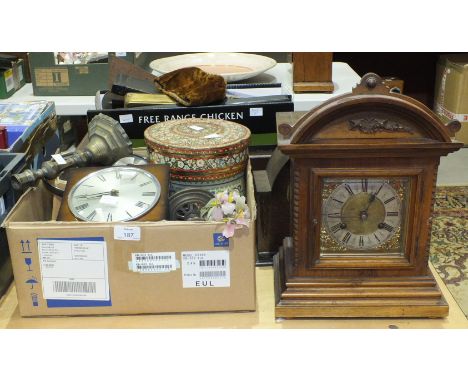 A walnut brass face mantel clock with silver chapter ring, 37cm high, two other clocks and miscellaneous items.