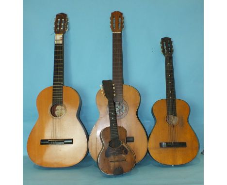 Three small guitars, a soprano ukulele, all a/f, and a Hohner Vineta piano accordion, (5).