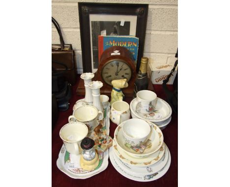 A mahogany-cased striking mantel clock by Becker, 22.5cm high, a small collection of Royal Doulton 'Bunnykins' and Wedgwood '