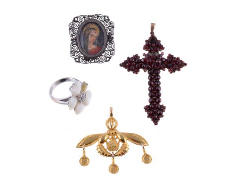  A garnet cross pendant,   set with rose cut garnets, 6.9cm long; a portrait miniature brooch; a mother of pearl and diamond 