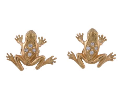 A pair of diamond frog ear studs,   each set with four brilliant cut diamonds to their backs, approximately 0.12 carats tota