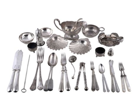  A collection of small silver and electro-plated flatware,   including: a pair of late Victorian butter shells by Charles Boy