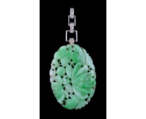  A 1950s jadeite jade and diamond pendant,   the oval jadeite jade panel carved with foliage, suspended from old cut diamond 