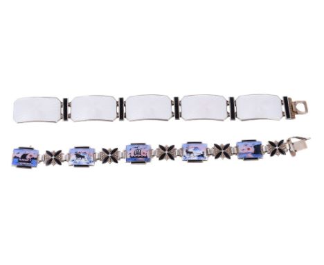  A Norwegian enamel bracelet by Albert Scharning,   the rectangular white guilloche enamel panels with canted corners, with b