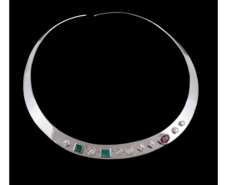  A gold coloured multi gem set collar,   the polished choker with applied brilliant cut diamond and square cut diamonds, appr