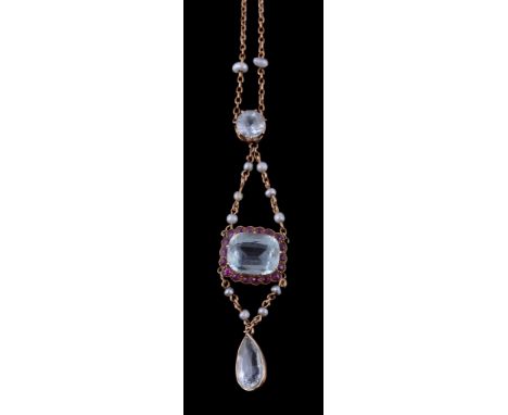  An aquamarine, ruby and seed pearl necklace,   the rectangular cut aquamarine claw set within a surround of circular cut rub