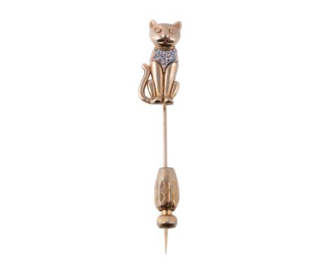 A diamond set cat stick pin,   the seated cat set with eight cut diamonds, 5.7cm long 