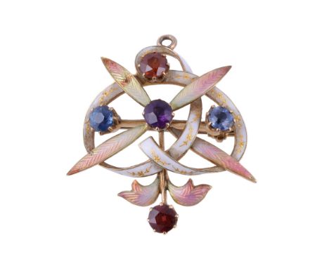  An Edwardian multi gem set enamel pendant,   circa 1910,    set with circular cut sapphires, amethyst and garnets, on an ope