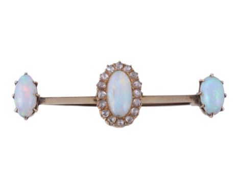  A late Victorian opal and diamond bar brooch,   circa 1890, the central oval cabochon opal within a surround of rose cut dia