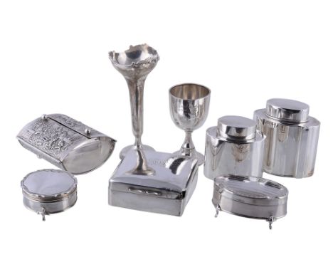  A collection of small silver,   including two tea caddies: shaped oval by E. S. Barnsley  &  Co., Birmingham 1916, 8.8cm (3 