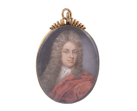  Manner of Benjamin Arland (circa 1710) Portrait of a gentleman in a light brown wig and wearing a red cloak Watercolour on i