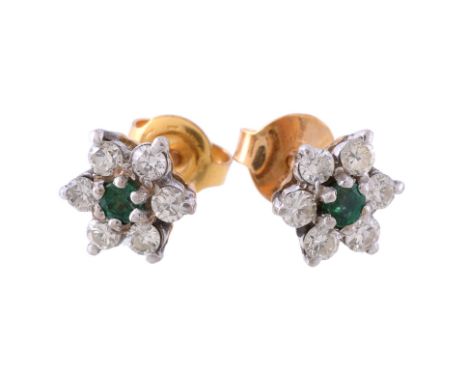  A pair of emerald and diamond cluster earrings,   the central circular cut emerald within a surround of brilliant cut diamon