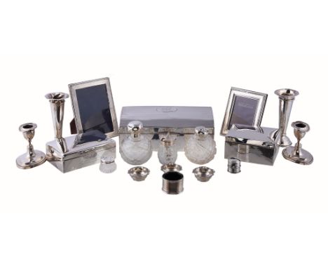  A small collection of silver mounted items and various plated wares,   including: three cigarette boxes, various dates 20th 