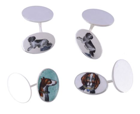  Two pairs of enamelled dog cufflinks,   the first pair with oval panel terminals, one enamelled with a recumbent black and w