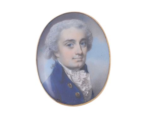  George Engleheart (1750/5-1829) Portrait of a gentleman wearing a blue coat, bust length Watercolour on ivory 4cm x 3.2cm, o