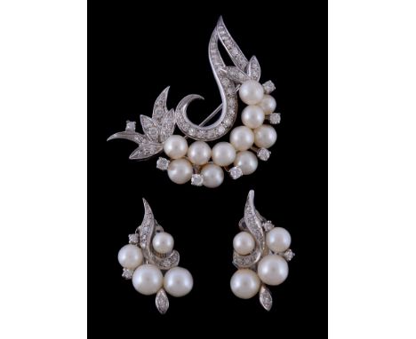  A cultured pearl and diamond brooch,   designed as a foliate spray set with cultured pearls and brilliant cut diamonds, appr