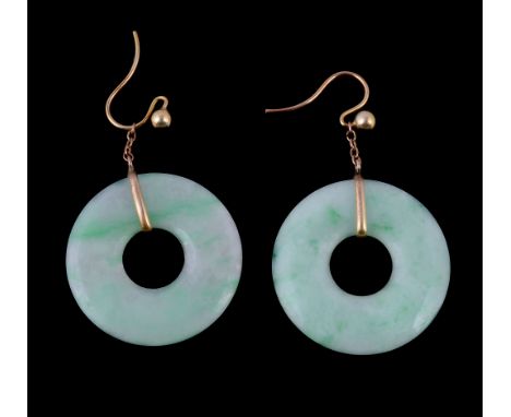  A pair of jadeite jade hoop earrings,   the circular jadeite jade with shepherd's hook fittings, 4.2cm long 