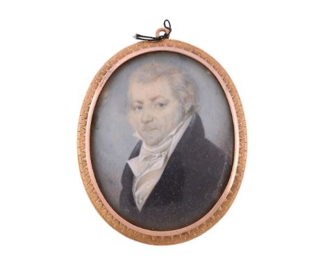  Manner of Richard Cosway (circa 1820) Portrait of a gentleman wearing a blue coat Watercolour on ivory 5.5cm x 4.5cm, oval I