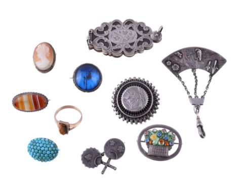  A small selection of jewellery,   to include: an enamel brooch, designed as a basket with enamel fruit and flowers, stamped 