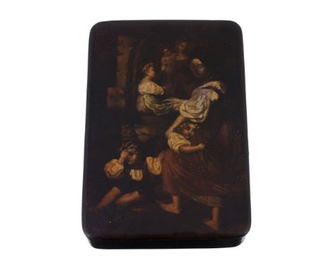  A German papier mache rectangular snuff box,   1830s, the cover painted with a family before a painting of the Madonna and C
