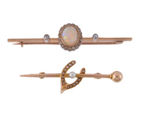  An early 20th century opal and diamond bar brooch,   circa 1900, the oval cabochon opal collet set within a surround of old 