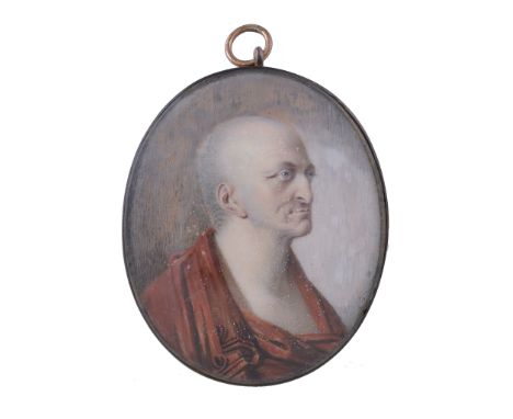  English School (early 19th century) Portrait of a gentleman wearing Roman costume Watercolour on ivory 7cm x 5.6cm, oval In 