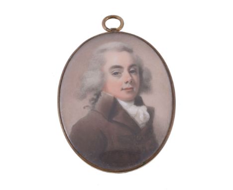  Abraham Daniel (d. 1806) Portrait of a gentleman wearing a brown coat, shoulder length Watercolour in ivory 4.5cm x 3.5cm, o