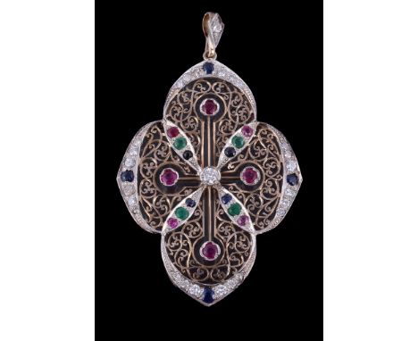  A diamond, ruby, sapphire and emerald pendant,   the quatrefoil panel with pierced scroll decoration set with brilliant cut 