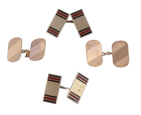  A pair of enamel double sided cufflinks,   the rectangular panels with red and black enamel detail, stamped 14K, panels 1.8c