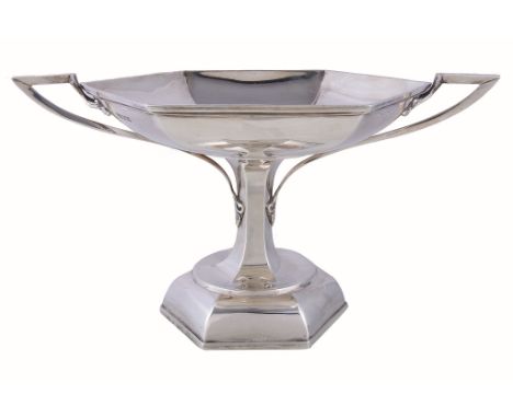  A silver hexagonal twin handled comport by Walker  &  Hall,   Sheffield 1920, the harp handles issuing from leaves, on a dom