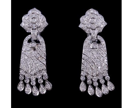  A pair of diamond earrings,   the flower head surmount set throughout with brilliant cut diamonds, suspending a panel of bri