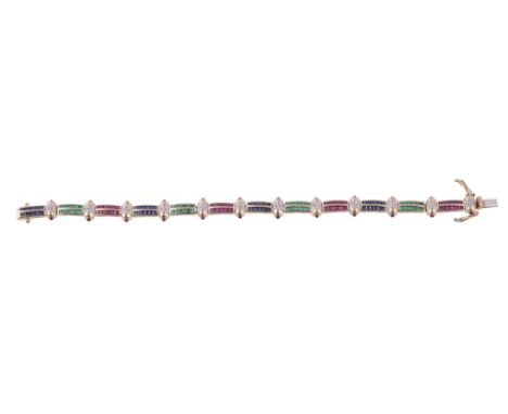  A multi gem set bracelet,   with alternating panels channel set with rubies, emeralds or sapphires, with diamond and ruby ac