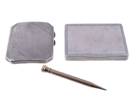  A gold coloured encased Ever-long pencil,   unmarked, stamped   9ct Gold   only, 9.5cm long; a silver canted-rectangular cig