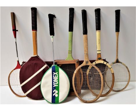 SELECTION OF VINTAGE WOODEN TENNIS RACKETSincluding a Slazenger Queens, Dunlop Gold Wing with press, Flash and a Velocity, a 