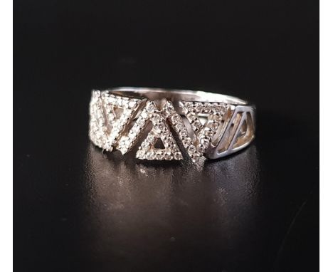 MULTI DIAMOND SET RINGthe diamonds in pierced geometric setting, in eighteen carat gold, ring size N-O and approximately 4.1 