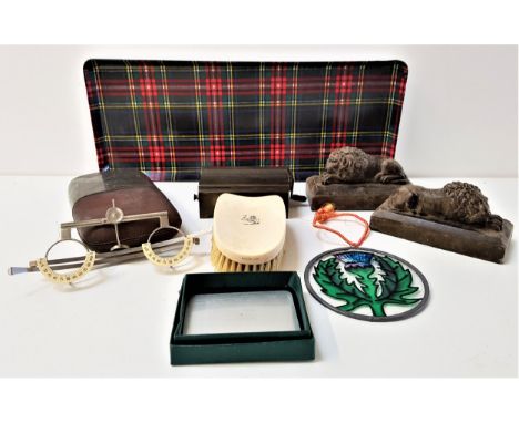 MIXED LOT OF COLLECTABLESincluding a tartan tray, ivory hair brush, brass cigarette rolling machine, pair of recumbent resin 