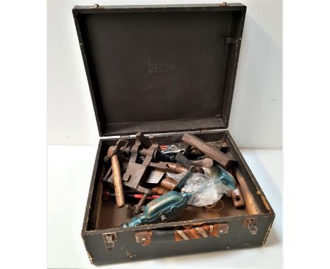 SELECTION OF VINTAGE TOOLS including a hand operated PWWe10 drill from Poland, hammers, axe, chisels, screw drivers and other