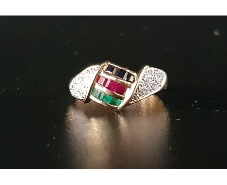 DIAMOND, EMERALD, RUBY AND SAPPHIRE CLUSTER DRESS RINGon fourteen carat gold shank, ring size N-O 