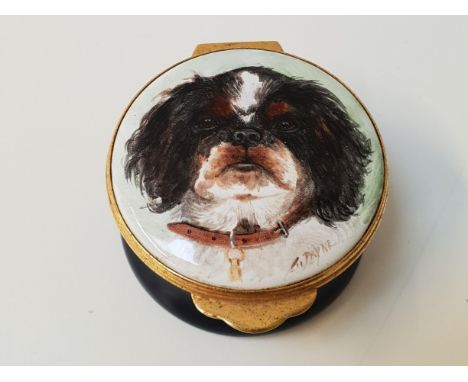 EXIMIOUS OF LONDON ENAMEL PILL BOXwith a circular lift up lid decorated with a King Charles dog, called Liquorice by Graham P
