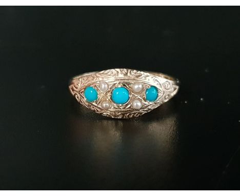 TURQUOISE AND SEED PEARL RINGin nine carat gold, ring size N-O 