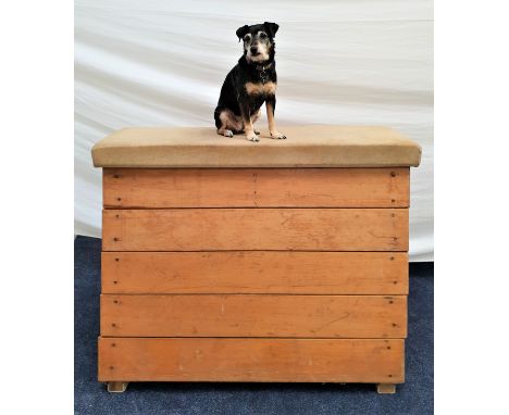VINTAGE GYMNASTICS VAULTING BOXin five graduated sections with a suede padded top, bearing a makers plaque,'D.Mellis Ltd. Old
