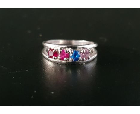 MULTI GEM SET RINGwith garnet, ruby, pink topaz and blue gemstone, in ten carat white gold with decorative split shoulders, r