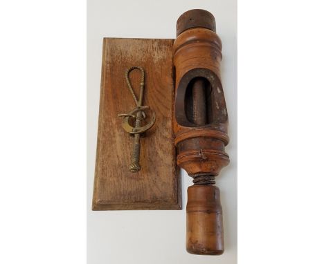 OAK AND BRASS DOCUMENT CLIPwith a brass horse shoe and hunting crop, together with a vintage turned wood hand operated sausag