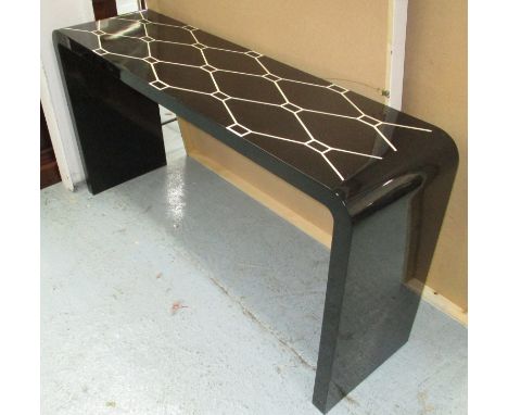 CONSOLE TABLE, black lacquer, contemporary style with ivory decorative pattern to top, 147cm x 40cm x 76cm H.