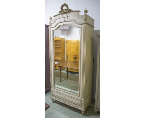 ARMOIRE, late French 19th century painted with silvered highlights and mirrored door enclosing a hanging rail and shelf with 