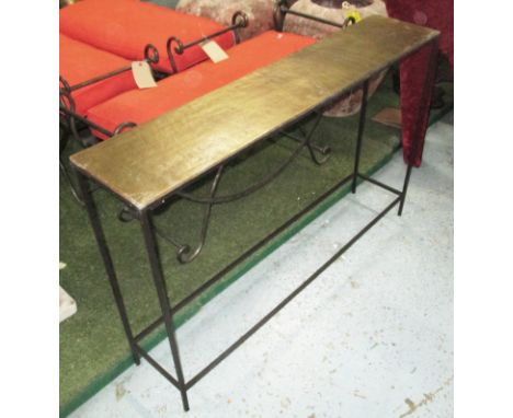 CONSOLE TABLE, with bronzed top, on a square metal support frame, 120cm x 25cm x 80cm H.