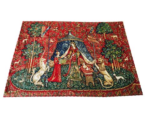 TAPESTRY, 132cm x 171cm, medieval scene with Royalty and mythical beasts.